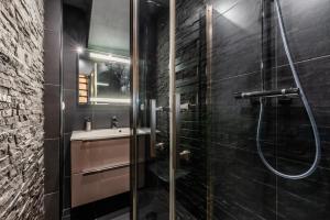 a bathroom with a glass shower and a sink at Le grand duplex du lac in Veyrier-du-Lac +31 photos