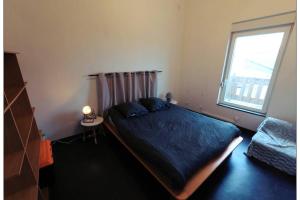 een slaapkamer met een bed met een blauw dekbed en een raam bij Appartement complet in Stiring-Wendel