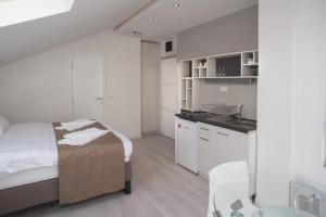 małą sypialnię z łóżkiem i kuchnią w obiekcie Apartments Villa Savamala w Belgradzie
