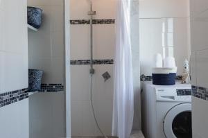 un bagno con doccia e lavatrice di Calypso Appartamento a Castelluccio