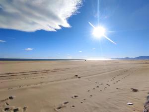 a view of the beach with footprints in the sand at Magnifique T2 au calme avec une superbe vue sur le port in Canet-en-Roussillon