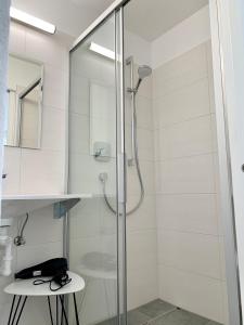 a bathroom with a shower with a glass door at Haus Anna in Ramsau am Dachstein