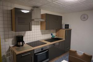 uma pequena cozinha com um lavatório e um fogão em Haus Stricker em Sagard