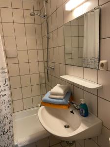 ein Badezimmer mit Waschbecken, Spiegel und Dusche in der Unterkunft Cafe Gaubenhaus in Bad Fallingbostel
