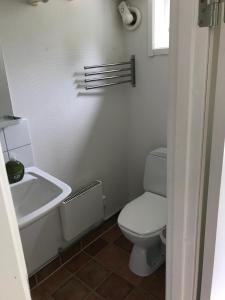 ストレムスタードにあるHällestrand Seaview Apartmentの白いバスルーム(トイレ、シンク付)