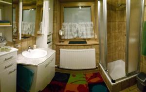 uma casa de banho com um lavatório e um chuveiro em Anita's Ferienwohnung nahe Neuschwanstein em Reutte