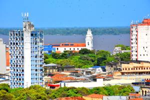 vistas a una ciudad con un edificio alto en Hotel Grão Para, en Belém