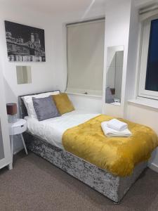 a bedroom with a large bed with a mirror at Newcastle City Centre Apartment Ideal for Holiday, Contractors, Quarantining in Newcastle upon Tyne