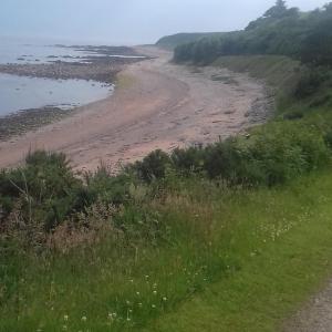 a view of a beach from a hill with grass at Bannockburn Inn in Helmsdale