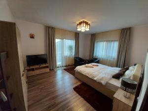 a bedroom with a large bed and a television at Apartament Matei in Braşov
