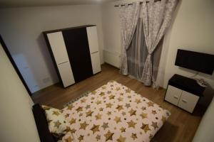 a room with a mirror and a bed and a rug at Agropensiune CASA SONIA in Băcia +11 photos