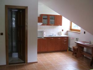 a kitchen with wooden cabinets and a sink at Apartmány u Samuela in Oravský Biely Potok