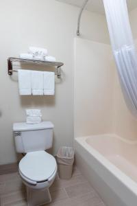 La salle de bains blanche est pourvue de toilettes et d'une baignoire. dans l'établissement Quality Inn & Suites, à Mount Vernon