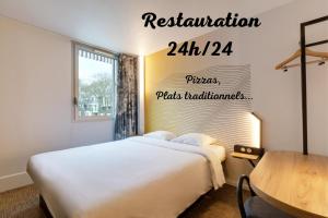 a bedroom with a bed and a sign that reads restriction at B&B HOTEL Lille Centre Grand Palais in Lille