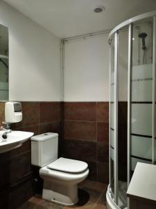 Un baño con inodoro, lavabo y ducha. en Casa Rural Laguna Negra, en Vinuesa