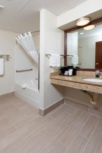a bathroom with a shower and a sink and a mirror at Quality Inn & Suites in Mount Vernon