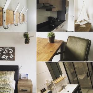un collage de fotos de una cocina con utensilios en Nicolette Apartments, en Katwijk