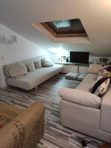a living room with two couches and a flat screen tv at Cerverahouse in Cervera de Buitrago