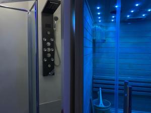 a bathroom with a shower with blue lighting at Villino Eleonora & Spa in Parghelia +121 photos