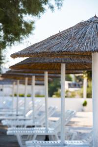 a row of lounge chairs and a straw umbrella at Ostria Studios & Apartments in Aliki