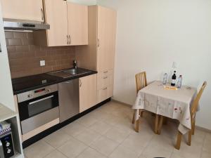 a small kitchen with a table and a sink at Petit Paradisli in Täsch