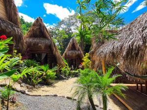 un groupe de cabanes au toit de chaume dans un jardin dans l'établissement Buena Onda Bungalows, à Santa Teresa