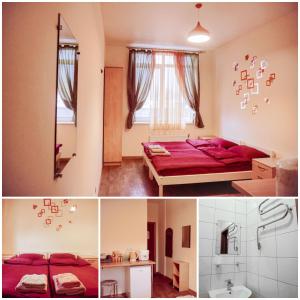 two pictures of a room with two beds in it at Doba In Ua Studio Irpin Apartments in Irpin