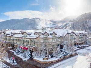an aerial view of a resort in the mountains covered in snow at Sonnenalp in Vail
