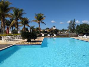 a large swimming pool with palm trees in the background at Le Corsaire in Búzios