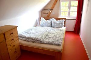 a bedroom with a bed with pillows and a window at Kleine-Schwalbe in Kabelhorst