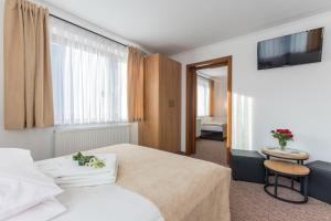 a hotel room with a bed and a television at Beata Marek Pod Grapą in Białka Tatrzanska