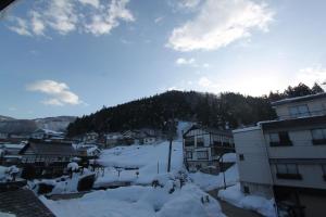 a town covered in snow with a mountain in the background at Alpine Villa Nozawa in Nozawa Onsen