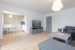 een woonkamer met een bank en een tv bij Apartmenthaus Tiemann Wohnung 1 in Kellenhusen