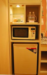 a microwave oven sitting on top of a refrigerator at Ena Hotel Venus in Ena