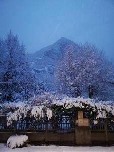 ein mit Schnee bedeckter Zaun mit Bäumen und einem Berg in der Unterkunft Le domaine des 3 marmottes Chambres d' hôtes in Cierp