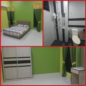 two pictures of a bedroom with a bed and a shower at Homestay LOT 88 Sungai Petani in Sungai Petani