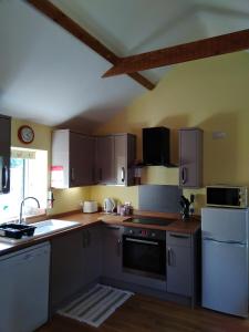 a kitchen with gray cabinets and a stove top oven at Little Owls Nest Holiday Home in Wisbech