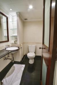 a bathroom with a toilet and a sink and a mirror at Pearl Continental Hotel, Karachi in Karachi