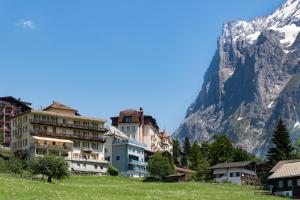 a group of buildings on a hill in front of a mountain at Bel-Air Eden in Grindelwald