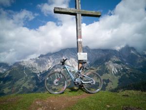 een fiets geparkeerd naast een kruis op een berg bij Fewo Strauss in Ossiach