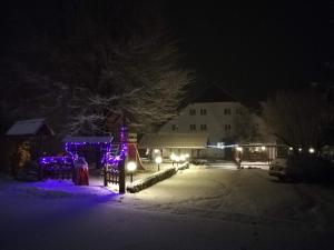 a house with lights in the snow at night at Guesthouse Arnika in Fužine