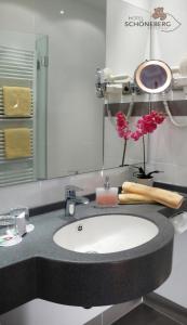 a bathroom counter with a sink and a mirror at Hotel Schöneberg in Berlin