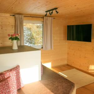 Habitación pequeña con TV y mesa. en Das Haus Steger zu Stein en Kramsach