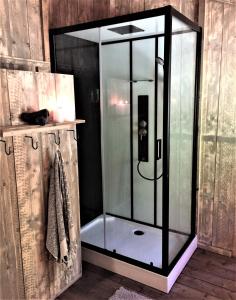 a shower with a glass enclosure in a bathroom at GIFFORD private Island GLAMPING boat ride included in Mahone Bay
