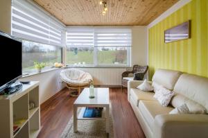 a living room with a couch and a tv at Ferienwohnung Erdgeschoss in Überlingen