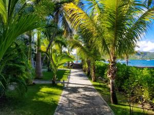 a sidewalk lined with palm trees next to the water at South Point Antigua in English Harbour Town