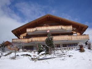 budynek w śniegu z drzewem przed w obiekcie Chalet Pfingsteggblick w mieście Grindelwald +21 zdjęć