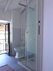 ein Bad mit einem WC und einer Glasdusche in der Unterkunft Villa Peachey (Picci), Grazioso Appartamento in Stresa