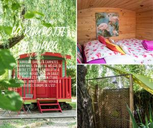 un collage de fotos de una casa de pájaros y una cama en Le Clos d'Any, en Fontet