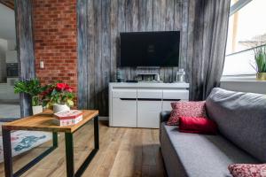 uma sala de estar com um sofá e uma televisão de ecrã plano em Apartamenty u Rybki em Krynica Zdrój